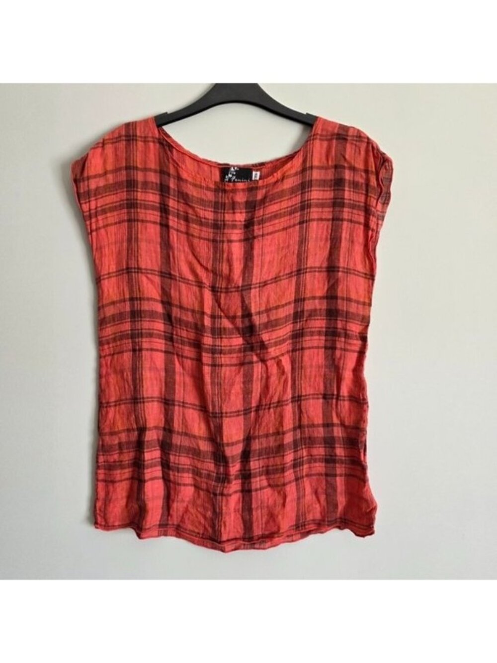Orange Plaid Linen Sleeveless Summer Top Fenini Sz XS